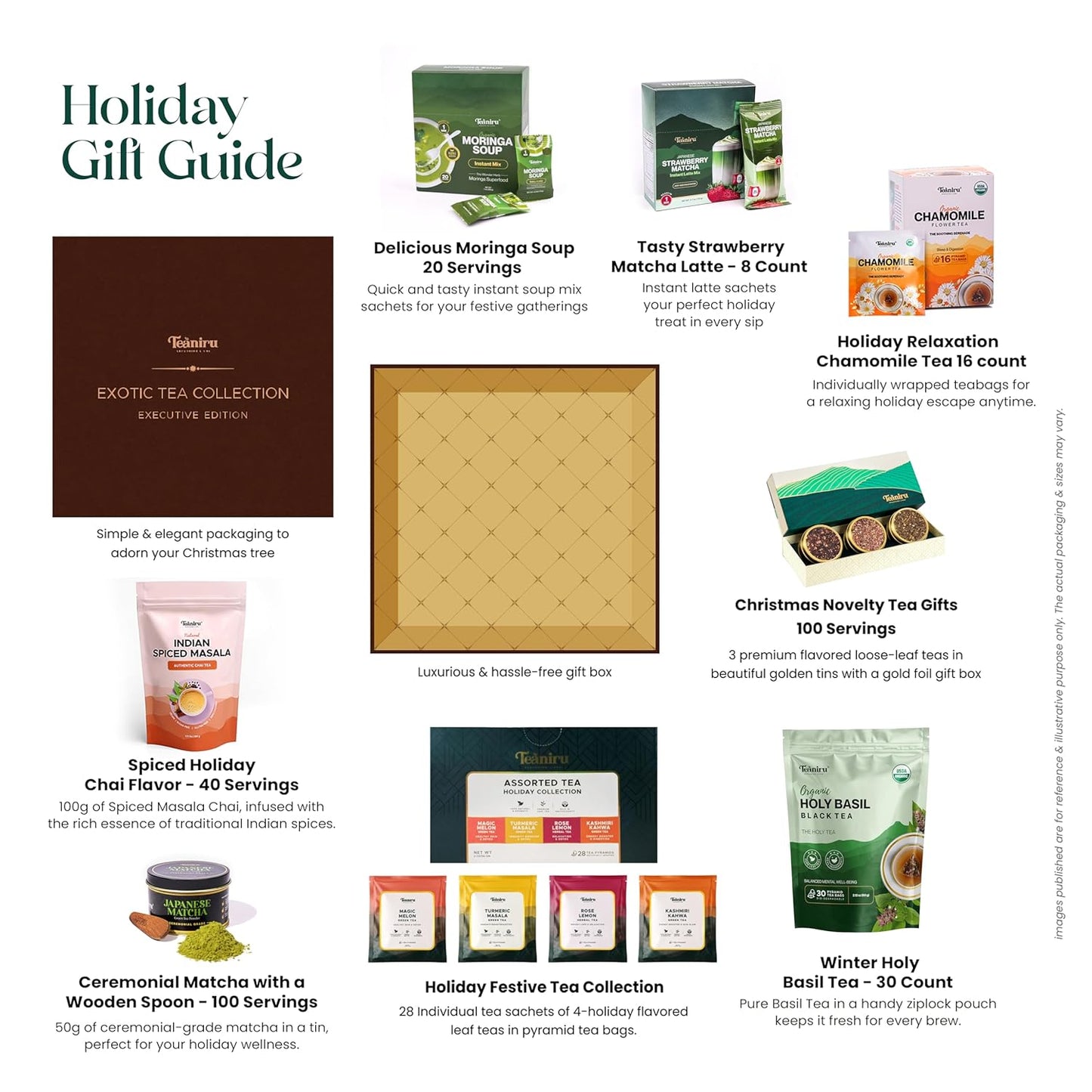 Teaniru, Exotic Collection-Christmas Gift Box | Holiday Flavored Teas, Moringa Soup, Strawberry Matcha Latte, Spiced Masala Chai, Assorted Loose Leaf Teas, Holy Basil Tea & Ceremonial Matcha