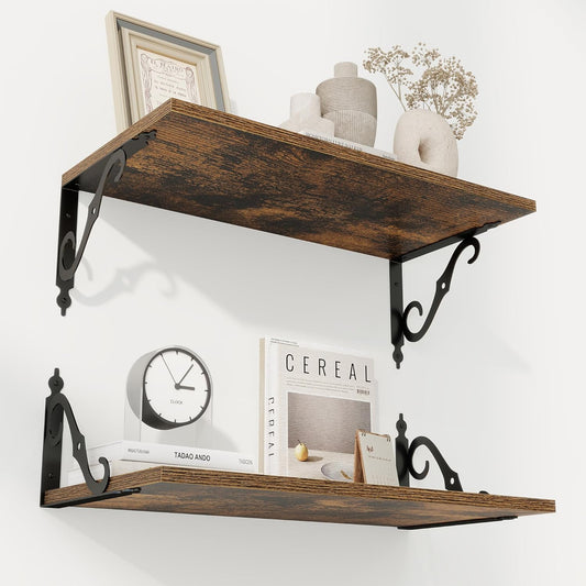 RICHFOCUS 12 Inch Deep Floating Shelves for Wall, 24" W x 12" D Wood Wall Shelves Set of 2, Wide Floating Shelves for Living Room, Bedroom, Kitchen, Bathroom and Decor Storage, Rustic Brown