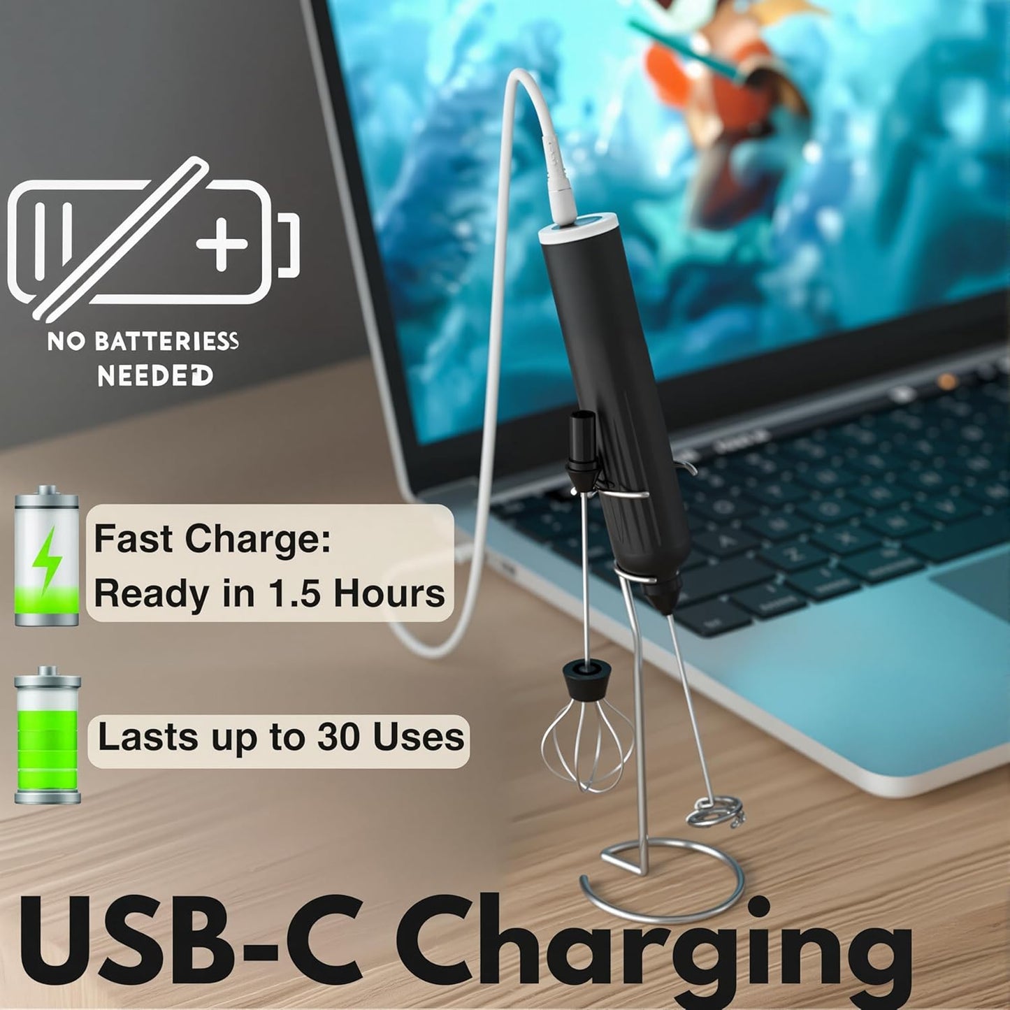 Milk Frother Handheld,3-Speed Rechargeable Coffee Foamer Drink Whisk with 3 Stainless Steel Heads Electric USB C Whisk for Coffee, Latte, Cappuccino, Hot Chocolate, Protein,Egg light Black