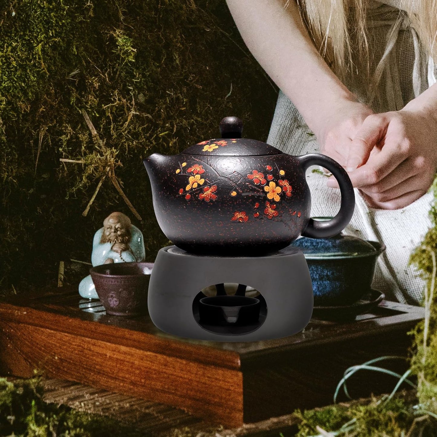 Ceramic Tea Pot Warmer Heater Set - Japanese Pottery Teapot Warmer Base With Light Candle Holder - Stove Warmer for Coffee Cup and Tea Set