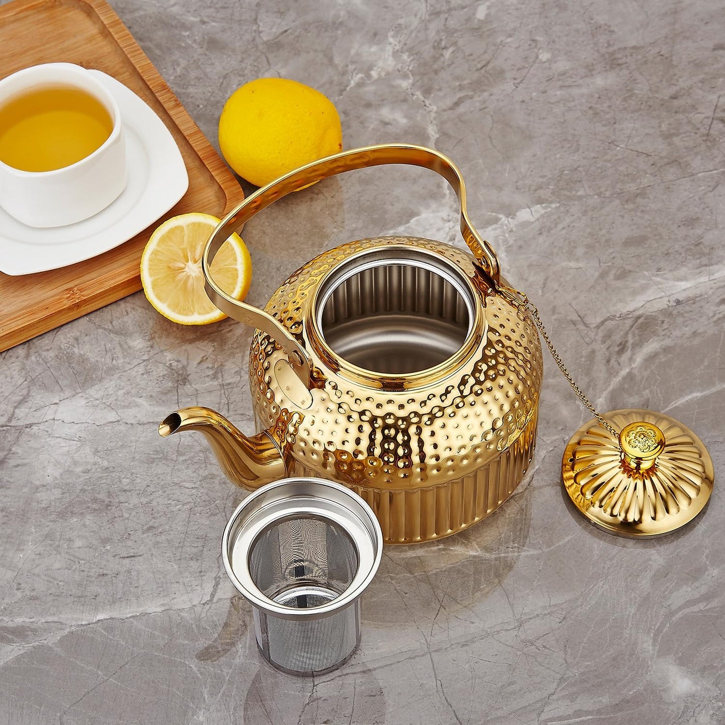 SANQIAHOME Antique 1.2L (40Oz) Stainless Steel Teapot with Infuser Gold