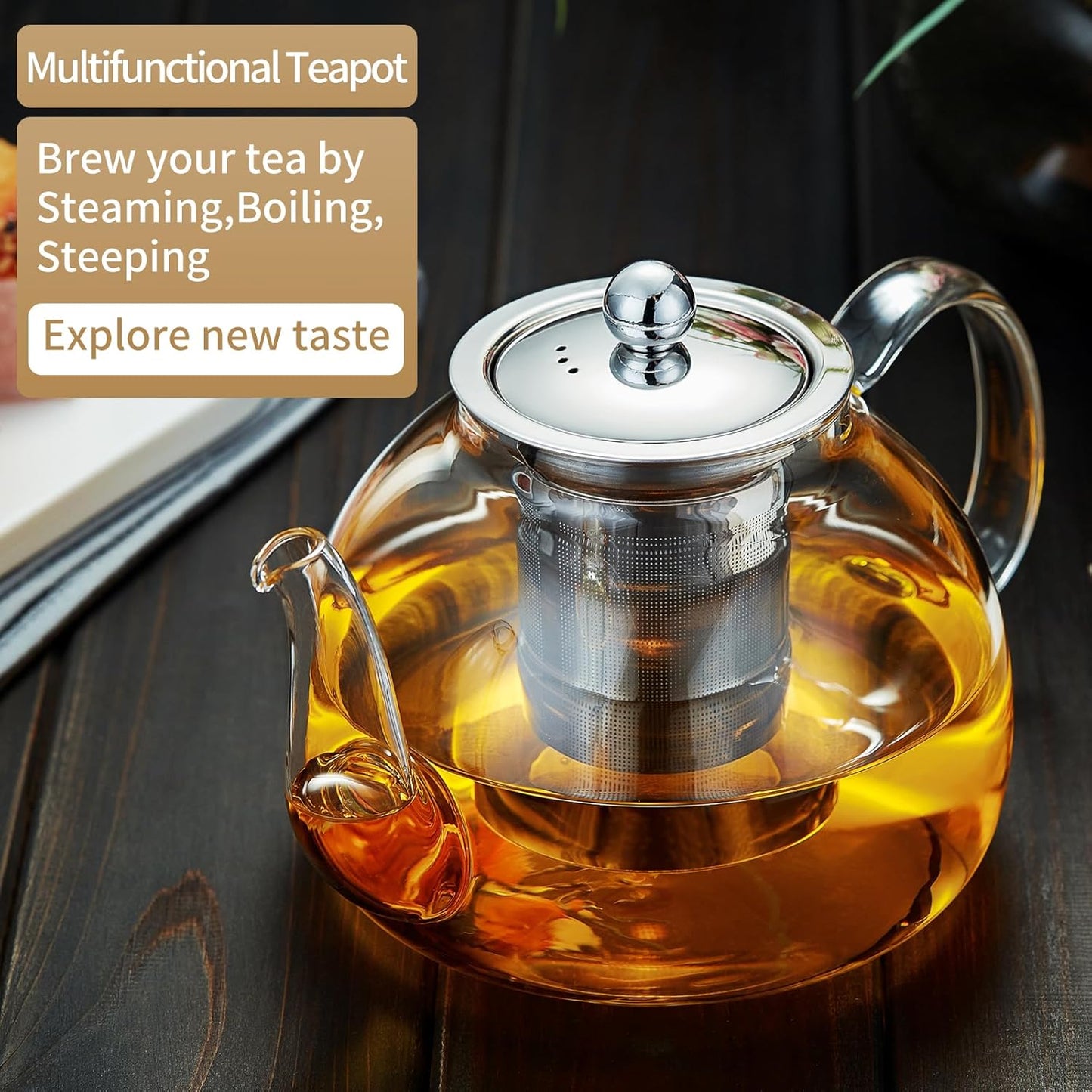 40OZ (1200ML) Glass Teapot with Infuser Stovetop Safe, Clear Glass Tea Pot Kettle, Borosilicate Tea Pot with Infusers Filter for Loose Tea, Tea Kettle Dishwasher Safe