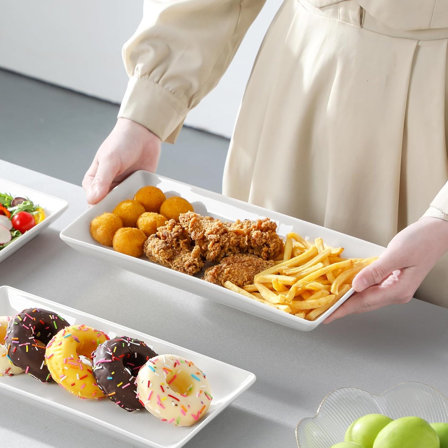 MALACASA 3 Tier Serving Trays for Party, 12 Inch Porcelain White Trays for Serving Food, Dessert Stand with Collapsible Gold Metal Rack