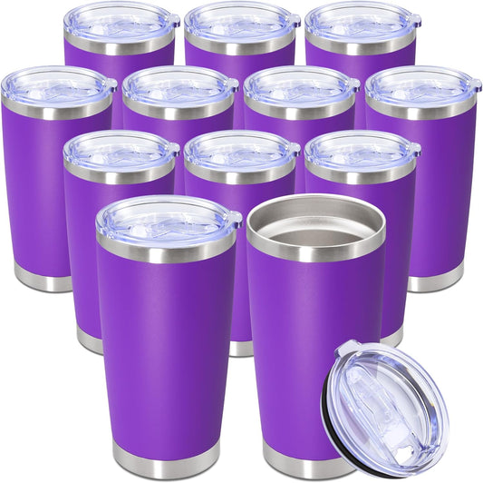 20oz Tumbler Bulk Stainless Steel Tumbler Cup with Lid Vacuum Insulated Double Wall Travel Mug, Durable Powder Coated Travel Coffee Tumbler Mug for Hot & Cold Drinks, Purple,12 Pack