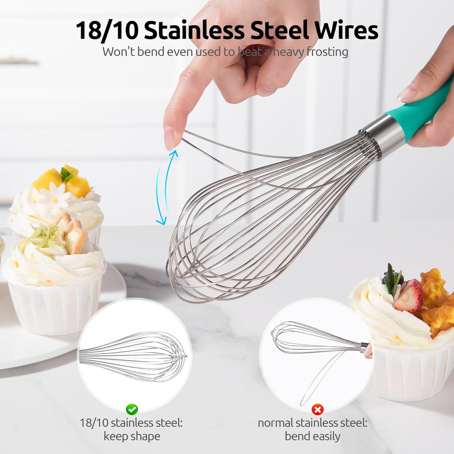 U-Taste Balloon Whisk for Cooking: 18/10 Stainless Steel Kitchen Wire Whisk, 12in Large Heavy Duty Egg Beater, Manual Mixing Tool with 12 High Flex Wires for Stirring, Blending Sauce (Aqua Sky)