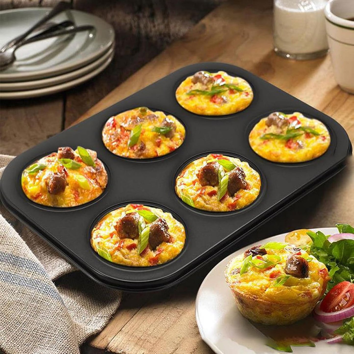 2 Packs Nonstick Round Muffin Baking Pan Tin, 6-Cup Muffin Tin, Cupcake Pans, Cheesecake Pans, Carbon Steel, Black