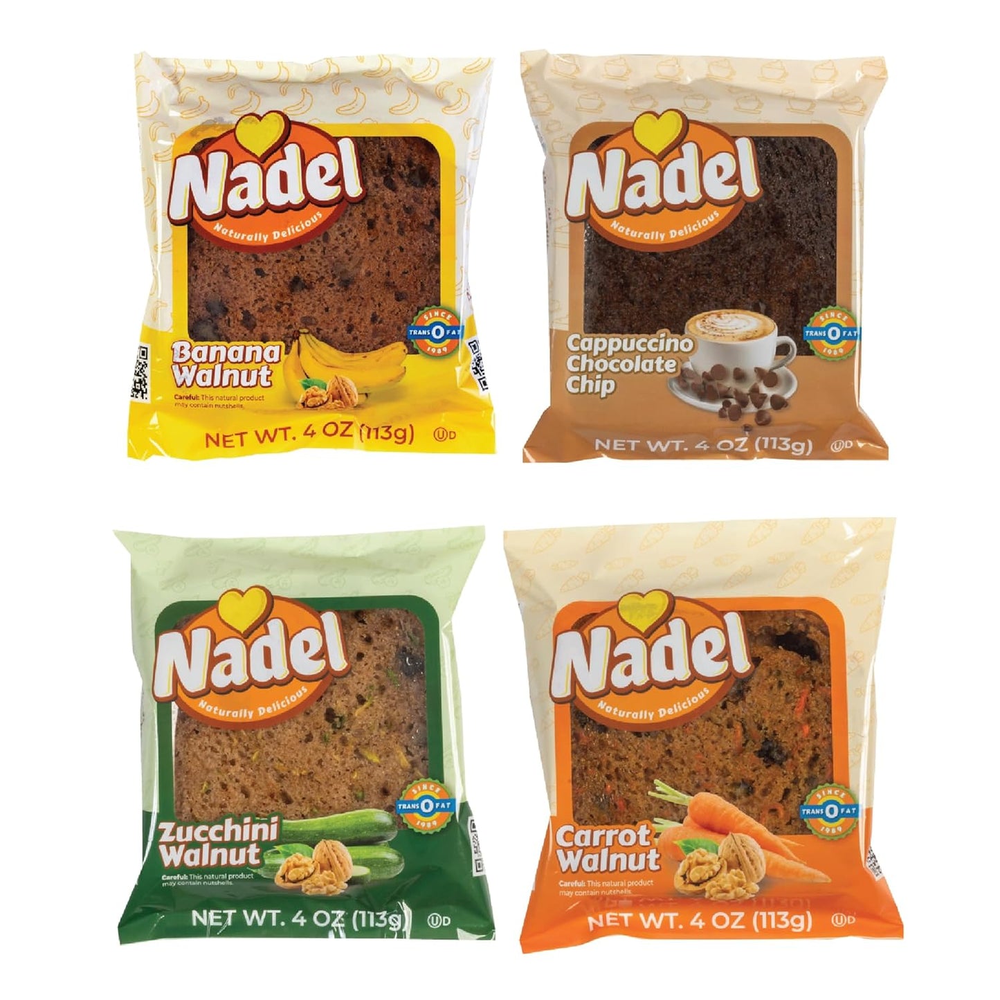 Nadel - Naturally Delicious Sweet Breads Variety Pack (Banana Walnut, Cappuccino Chocolate Chip, Carrot Walnut, Zucchini Walnut). (12 Pack, 3 Breads Per Flavor)