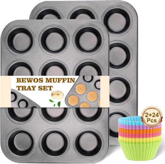BEWOS 2 PCS Non-Stick 12 Cup Muffin Pan, Carbon Steel Mini Muffin Pan with 24 Reusable Silicone Silicone Molds, Dishwasher Safe & Easy Clean Muffin Tin, Baking Moulds for Muffins or Cupcake（Grey）