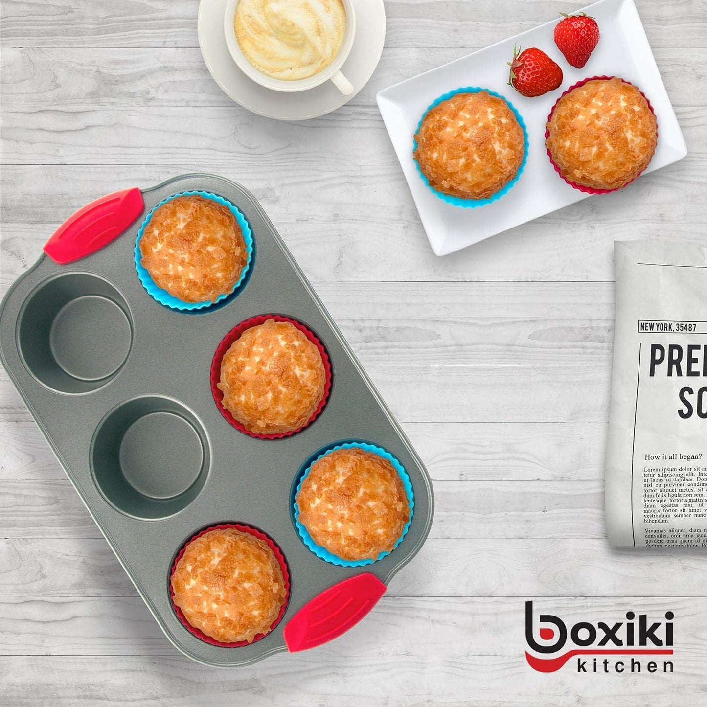 Boxiki Kitchen Non-Stick Steel 6 Cup Muffin Pan with Silicone Handles and Reusable Liners - Perfect for Baking Large Muffins and Cupcakes