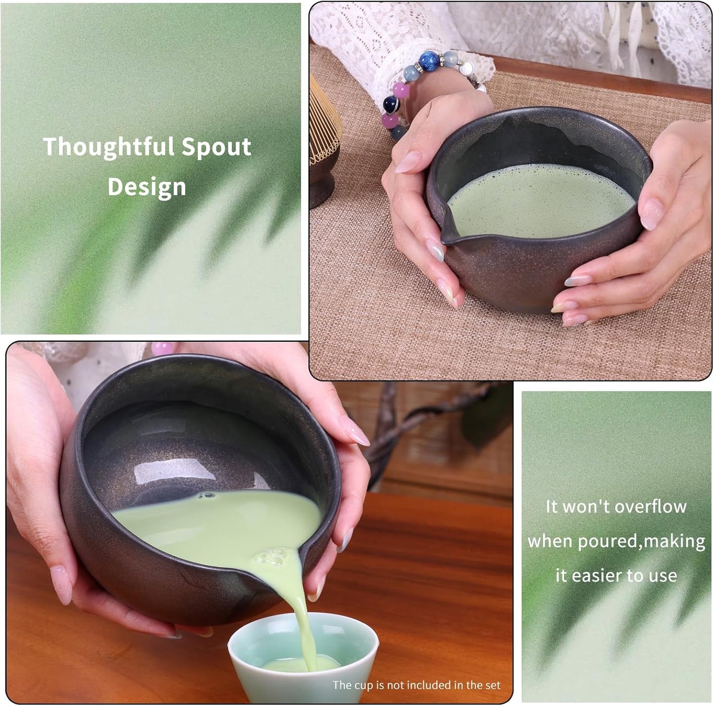 Japanese Matcha Whisk Set - 6-Piece Kit with Bamboo Chasen, Matcha Ceramic Bowl with Spout, Stainless Steel Sifter Gold Black