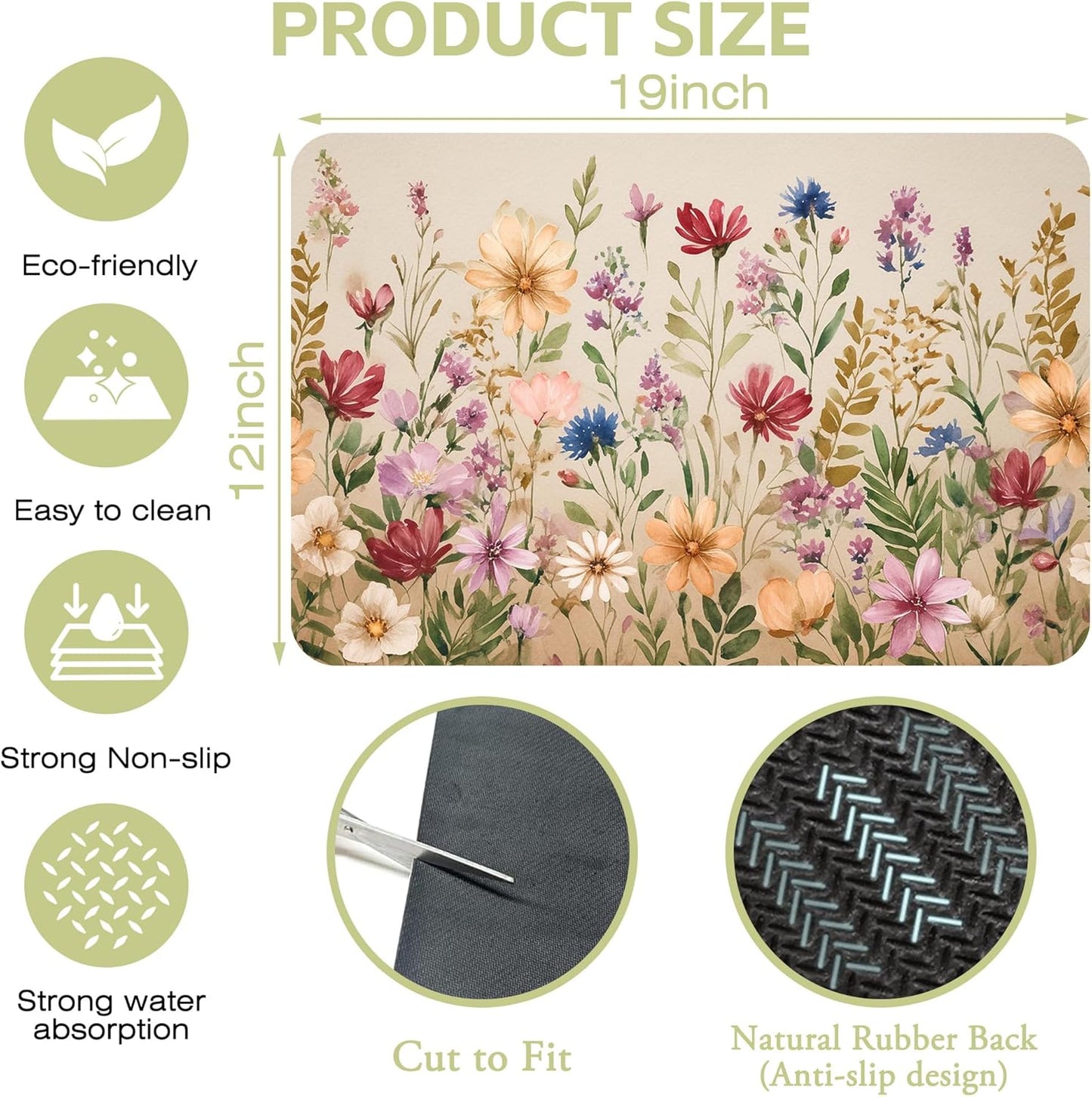 Colorful Wildflowers Dish Drying Mat Meadow Flowers Floral Kitchen Mat 12"x19" Bsorbent Coffee Maker Mat for Dishes,Utensils Coffee Maker Pots and Pans Easy Clean Dish Slip Resistant Pad