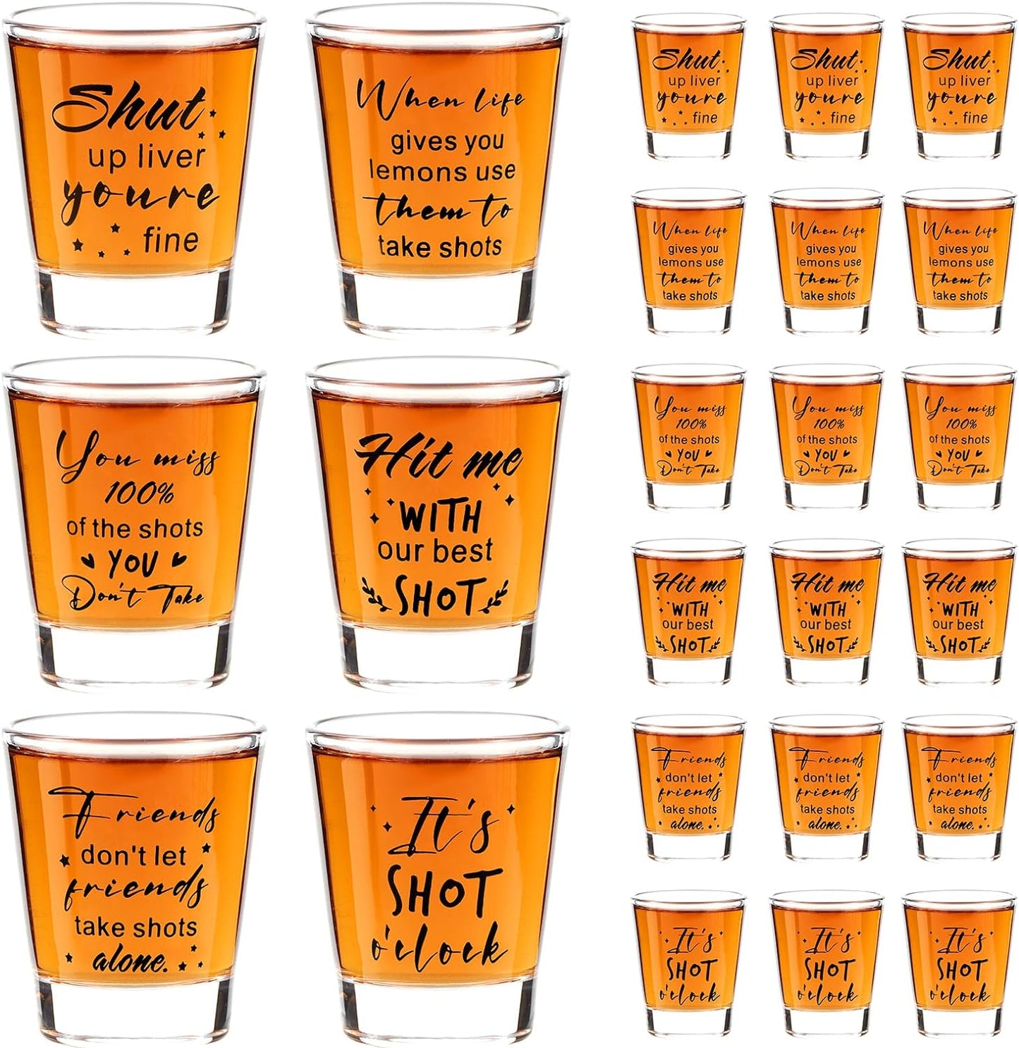 Kolewo4ever 24 Pieces Funny Friends Shot Glasses Funny Friends Shot Glasses Clear Glass Cups with Heavy Base for Adult Small Glass Shot Cups 1.75 oz Shot Glass for Best Friend