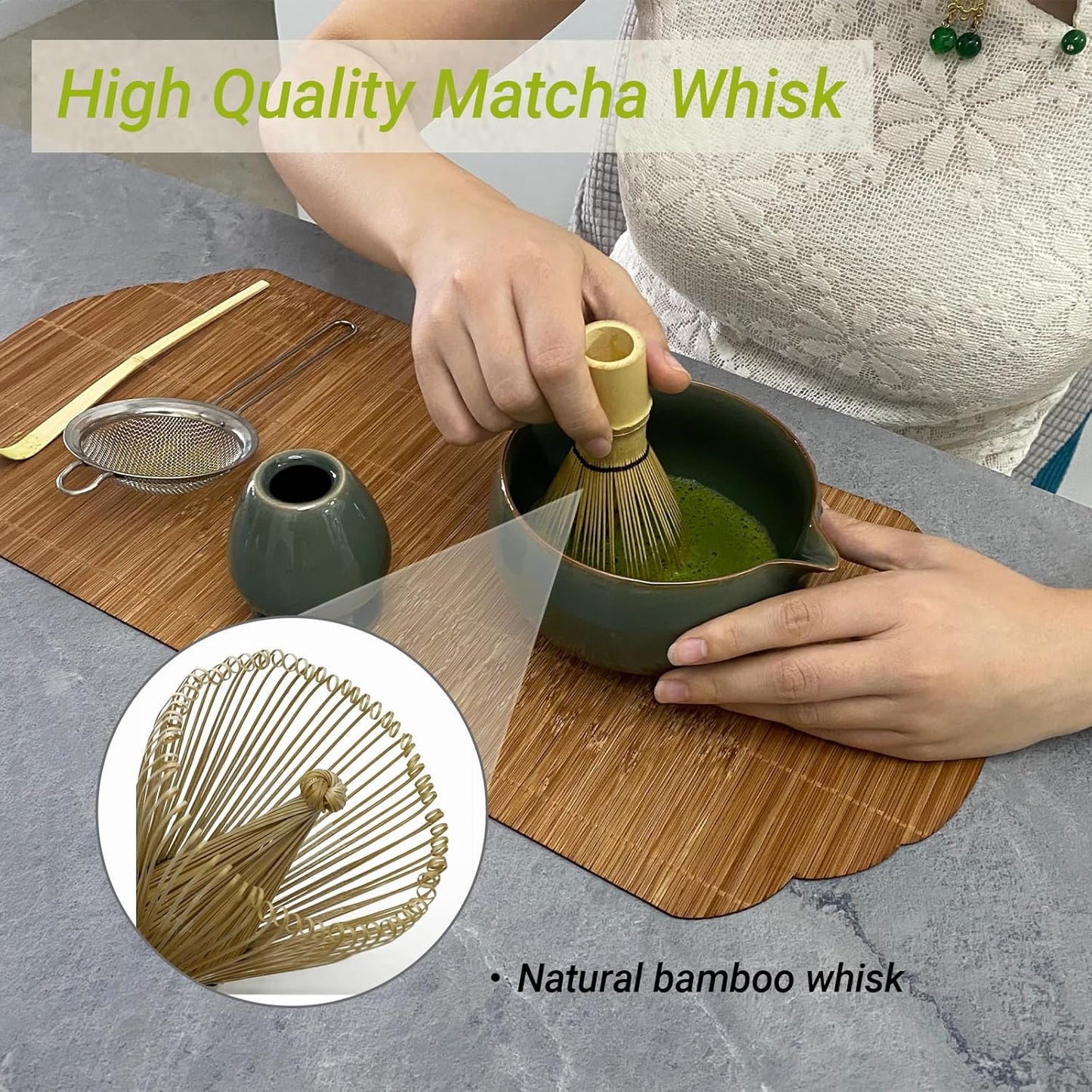 Matcha Whisk Set – 5 Pcs Matcha Set Whisk and Bowl with Spout, Bamboo Scoop, Sifter & Holder – Ru Kiln Matcha Bowl Japanese Tea Kit for Gifts, Home Use & Ceremonial Rituals (green)