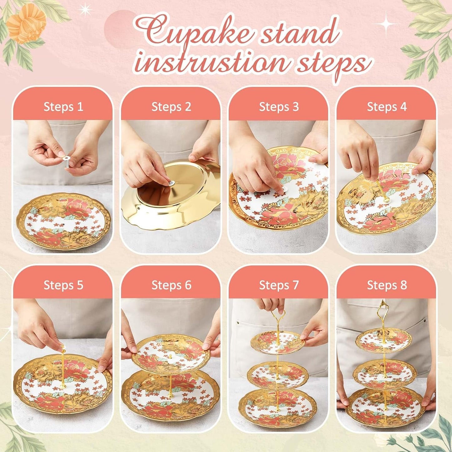 Maxcheck 21 Pcs Tea Party Set for Adults European Floral Tea Set with Metal Holder and 3 Tier Ceramic Cake Stand Porcelain Flower Cup Teapot for Dessert Cupcake(Classic Style)