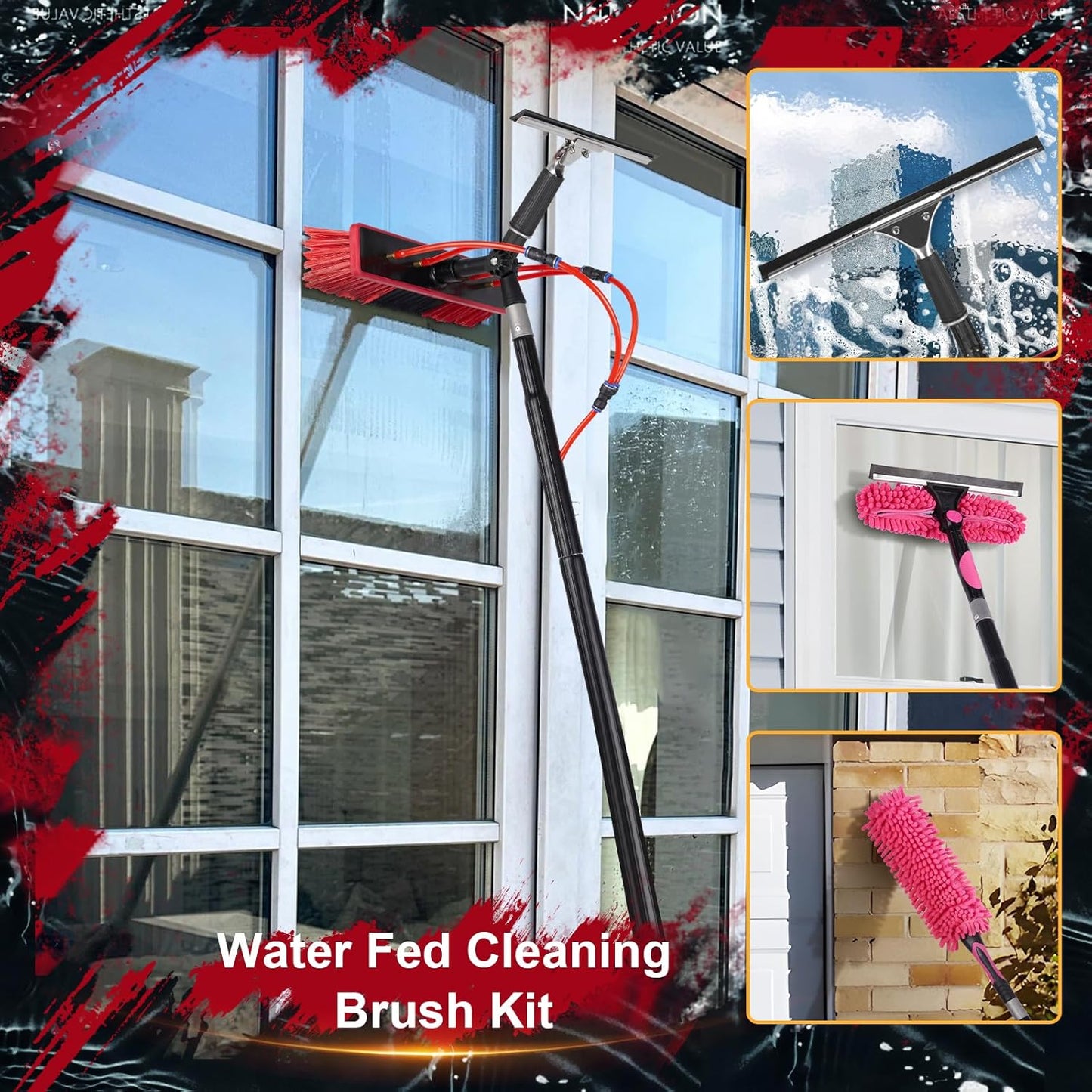 16.5ft Water Fed Pole Kit, Rotatable Solar Panel Cleaning Brush & Squeegee, 2 Dusting Brush, Extendable Black Lightweight Pole for Roof Window