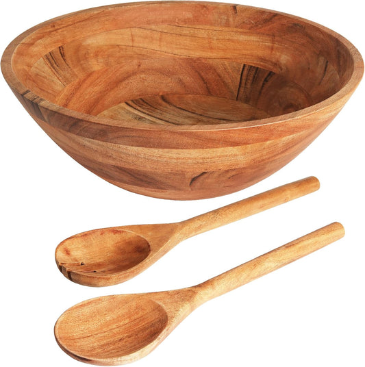 Luxe Designs Wooden Salad Bowl Set - Food Safe & Sustainable Decorative Bowl - Wood Bowl for Fruits, & Salads - Easy to Clean Large Salad Bowls Set w/Spoon, Fork – Wooden Bowls for Food (Natural)