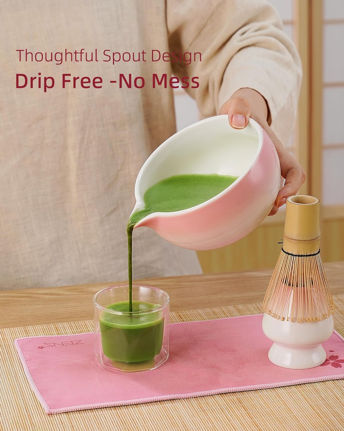 ZENS Pink Matcha Set, Matcha Whisk Set with 15oz Ceramic Bowl & (Chasen Holder), 6pcs Matcha Kit with Bamboo Scoop and Sifter, Tea Towel for Matcha Lovers