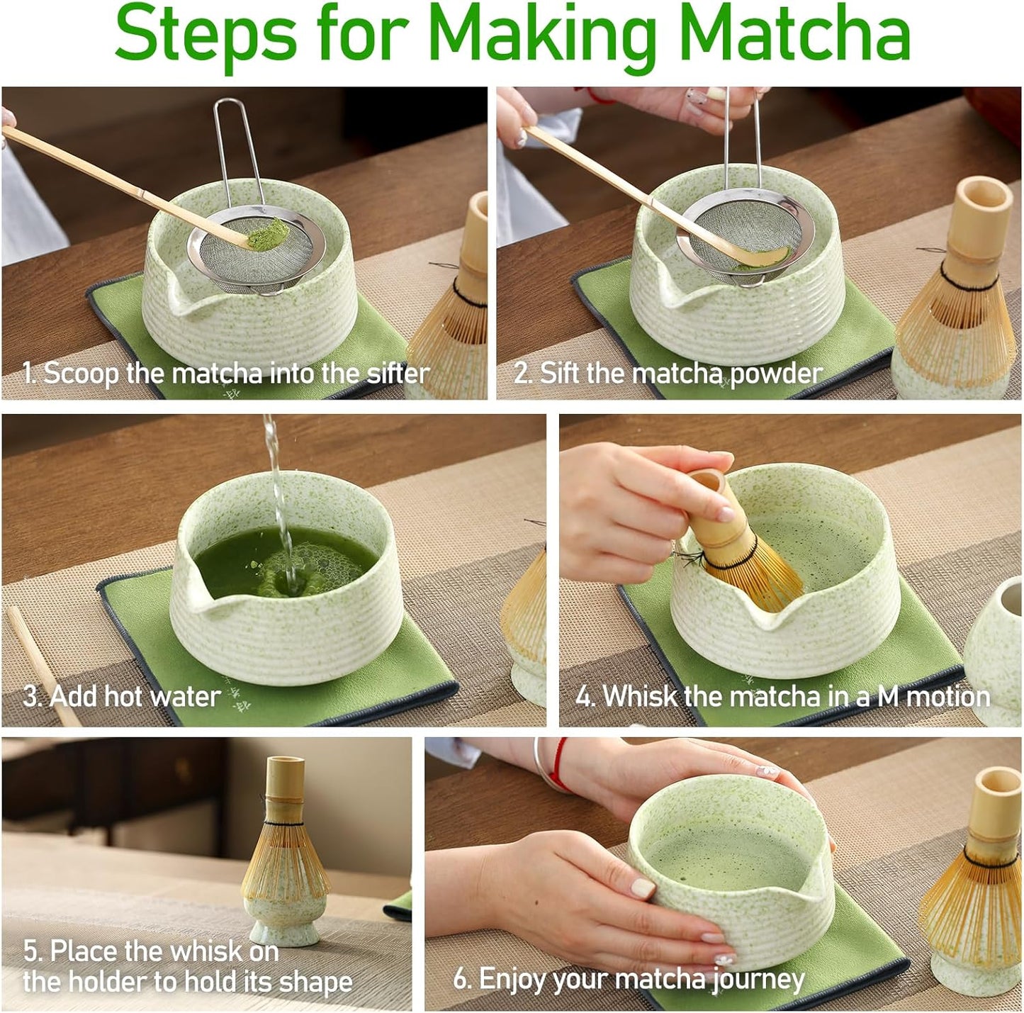 Matcha Whisk Set, Ceramic Matcha Set with Spout, Matcha Bowl Kit with Sifter, Whisk and Holder, Bamboo Scoop, Scoop Rest, Tea Towel, 7 Pcs Matcha Kit Set for Making Breakfast/Latte for Matcha Lovers