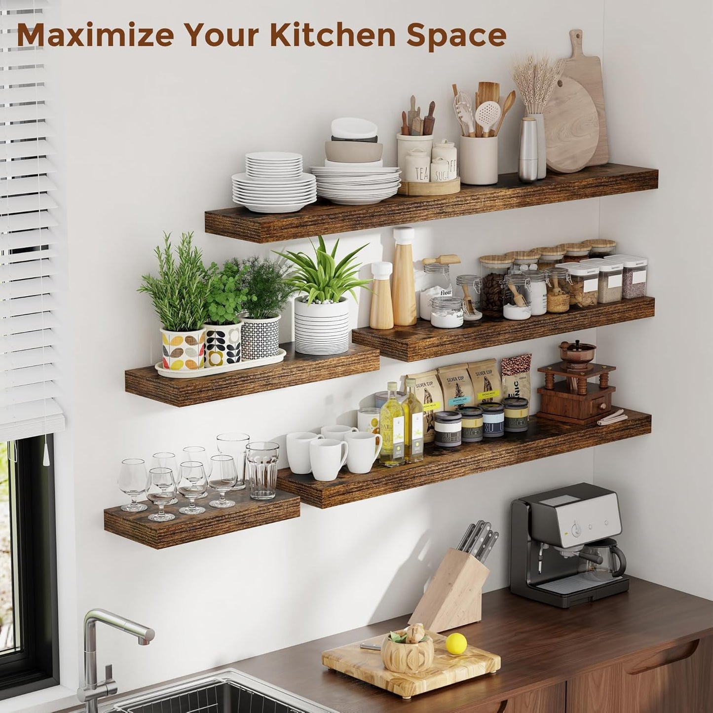 Heimlove 55 Inch Floating Shelves for Wall 8 Inch Deep Rustic Brown Shelves Set of 2,Wall Mounted Rustic Wood Long Floating Shelf，Large Extra Display & Storage Shelf with Invisible Brackets