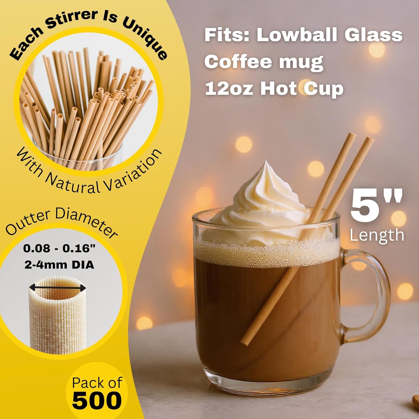 HAY! Stir, Natural coffee stir sticks, fully compostable made from wheat stems, our stir sticks are ideal for hot and cold beverages, 5’' pack of 500