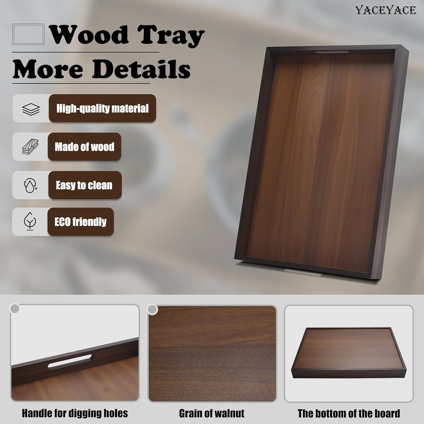 Wood Serving Tray Decor, 15"x10"x1.5" Medium Serving Tray for Party, Ottoman, Coffe Table, Bar, Breakfast in Bed, Dining, Home Decor