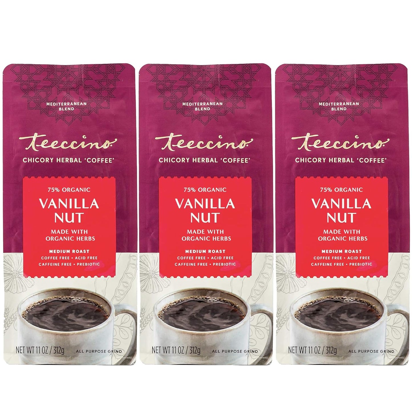 Teeccino Vanilla Nut Chicory Coffee Alternative - 11 Ounce - Ground Herbal Coffee That’s Prebiotic, Caffeine Free & Acid Free, Medium Roast, (Pack of 3)