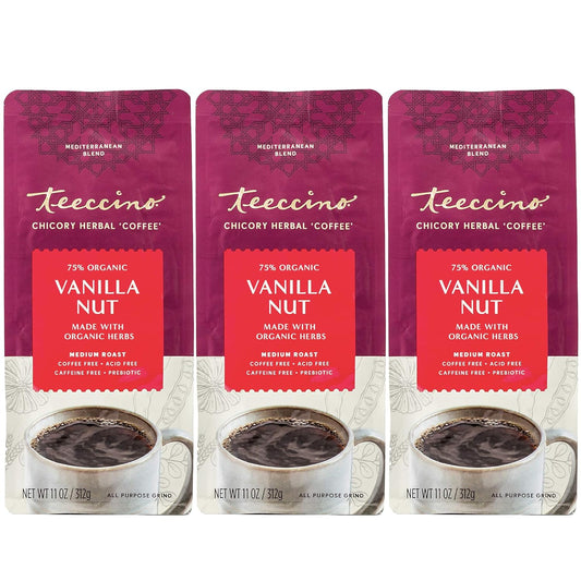Teeccino Vanilla Nut Chicory Coffee Alternative - 11 Ounce - Ground Herbal Coffee That’s Prebiotic, Caffeine Free & Acid Free, Medium Roast, (Pack of 3)