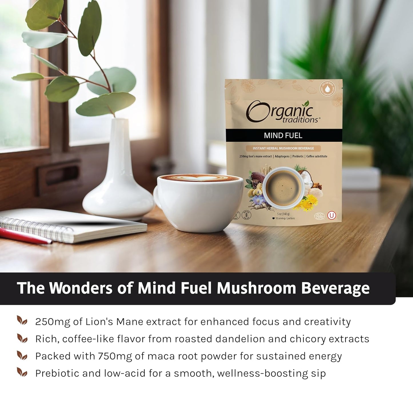 Organic Traditions Mind Fuel Instant Mushroom Coffee Alternative – Caffeine-Free Herbal Mushroom Drink - Organic Lion’s Mane, Maca, Dandelion & Chicory – Focus, Energy & Cognitive Support – 10 Servings – 140g, 7.4oz