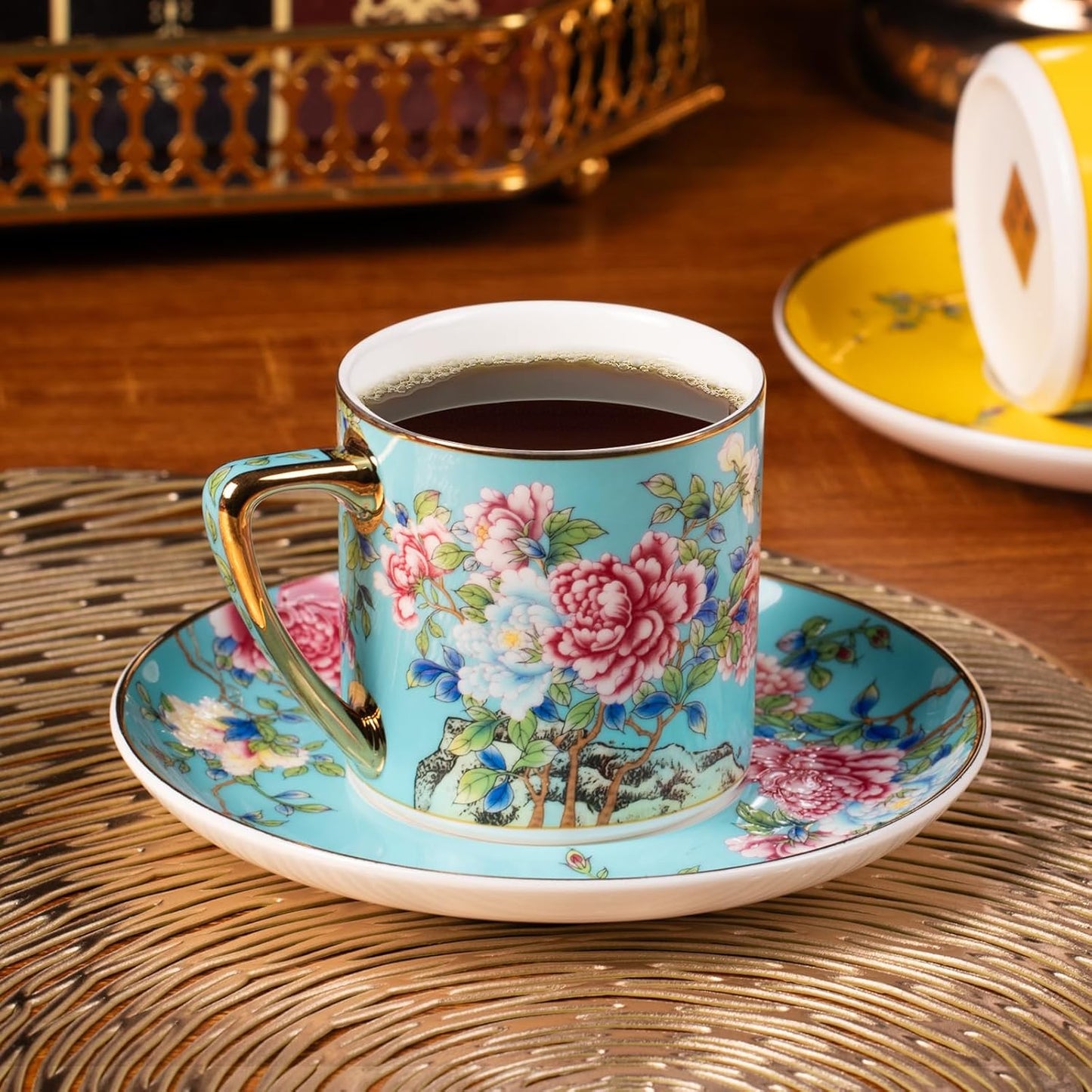 KAMMAK Tea Cups and Saucers Set of 2, Porcelain Coffee Cup with Saucer for Espresso, Cappuccino, 7.5oz Vintage Yellow and Blue Floral Ceramic Demitasse Mug for Home, Tea Party, Office