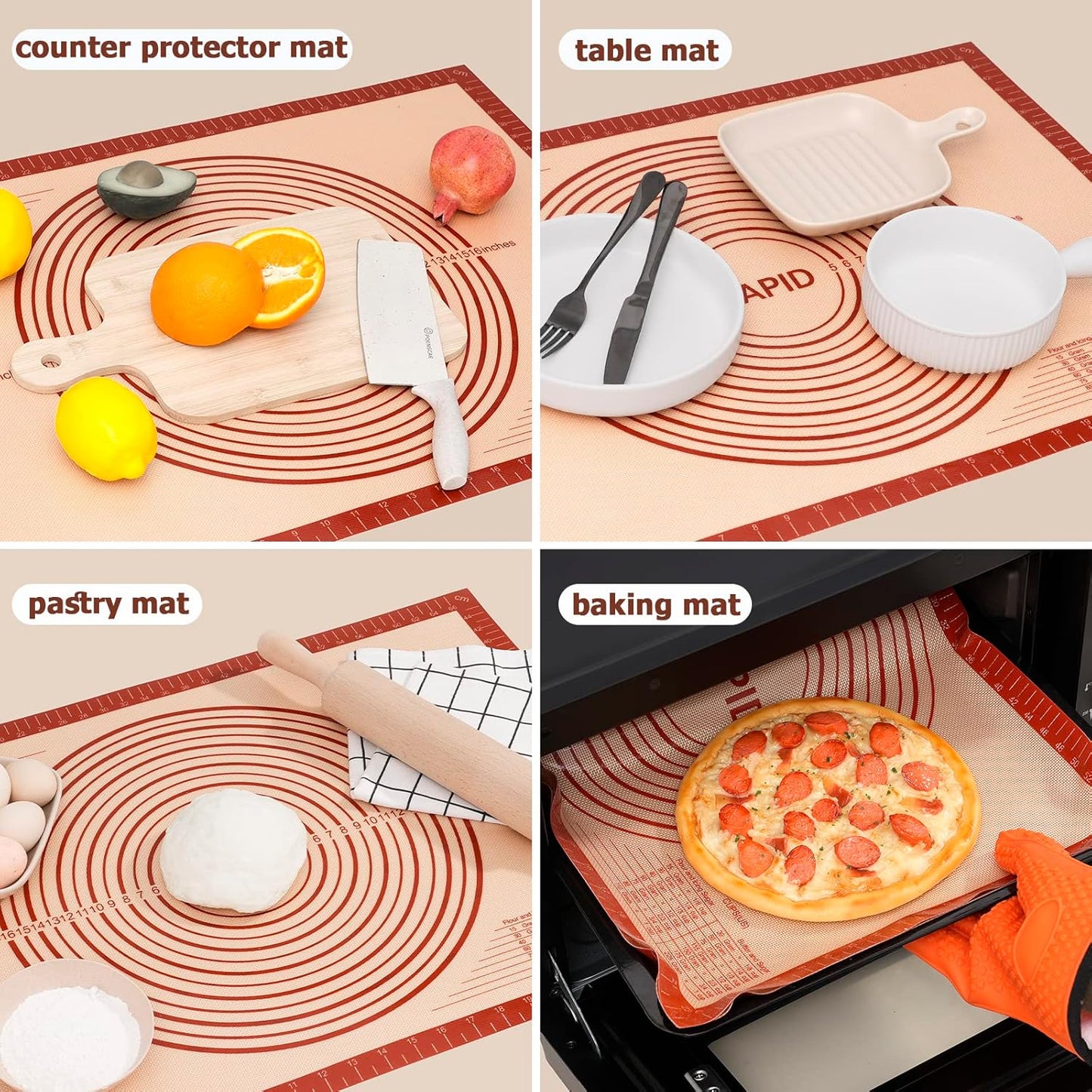 Sapid Extra Thick Silicone Pastry Mat Non-slip with Measurements for Non-stick Silicone Baking Mat Large, Dough Rolling, Pie Crust, Cookies, Kneading Mats, Countertop, Placement Mats (16" x 24", Red)