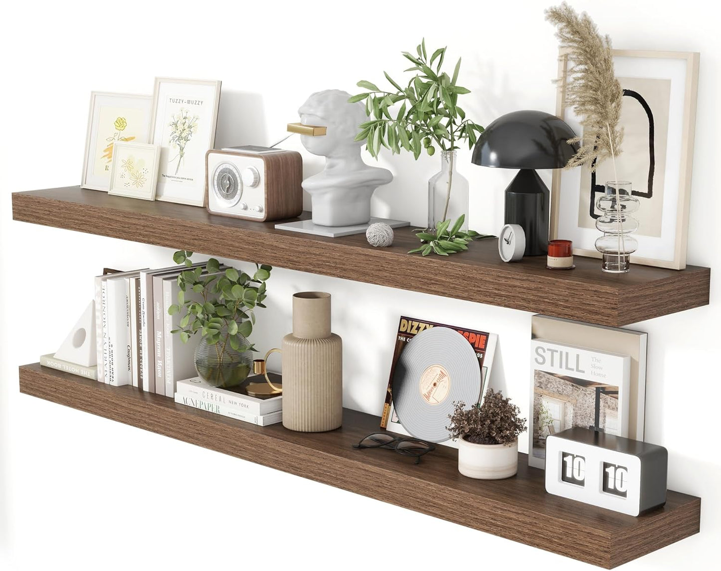 Heimlove 55 Inch Floating Shelves for Wall 8 Inch Deep Walnut Shelves Set of 2,Wall Mounted Rustic Wood Long Floating Shelf，Large Extra Display & Storage Shelf with Invisible Brackets