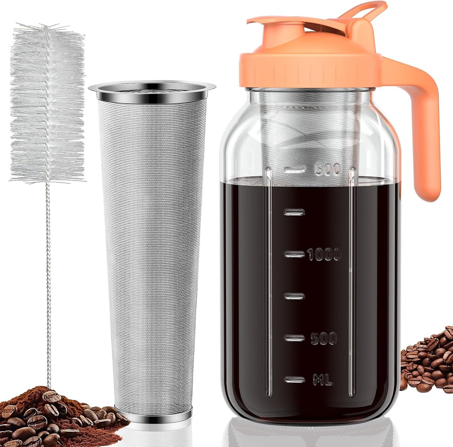 Cold Brew Coffee Maker Jar - 64oz Thick Glass Multipurpose Mason Pitcher Spout Lid with Handle & Stainless Steel Filter for Iced Coffee, Lemonade, Ice Tea, Homemade Fruit Drinks Container
