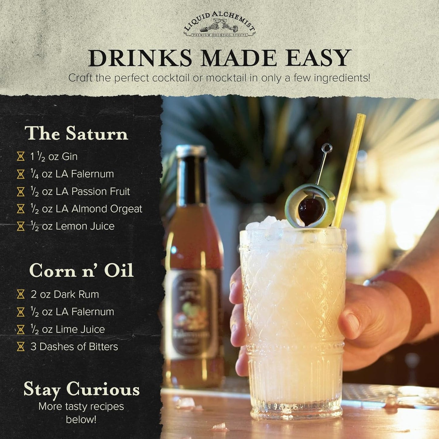 Liquid Alchemist Falernum Syrup for Cocktails - Real Ingredients Make our Falernum Cocktail Syrup a Great Mixer for any Tiki Drink - Our Drink Mixer is Non-GMO Gluten Free & Vegan (12.7 oz)