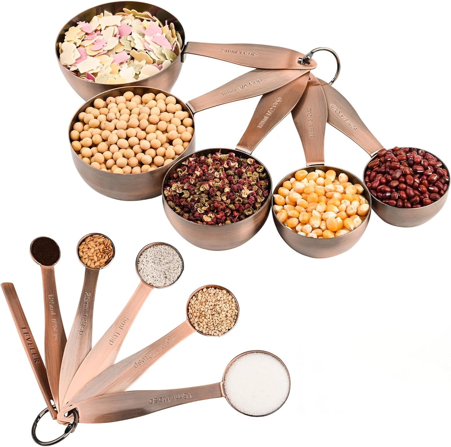 Copper Plated Measuring Cups and Spoons Set, 5 Stainless Steel Measuring Cups & 5 Metal Measuring Spoons Set with Leveler, US & Metric Kitchen Measure Cups & Spoons Set for Baking & Cooking