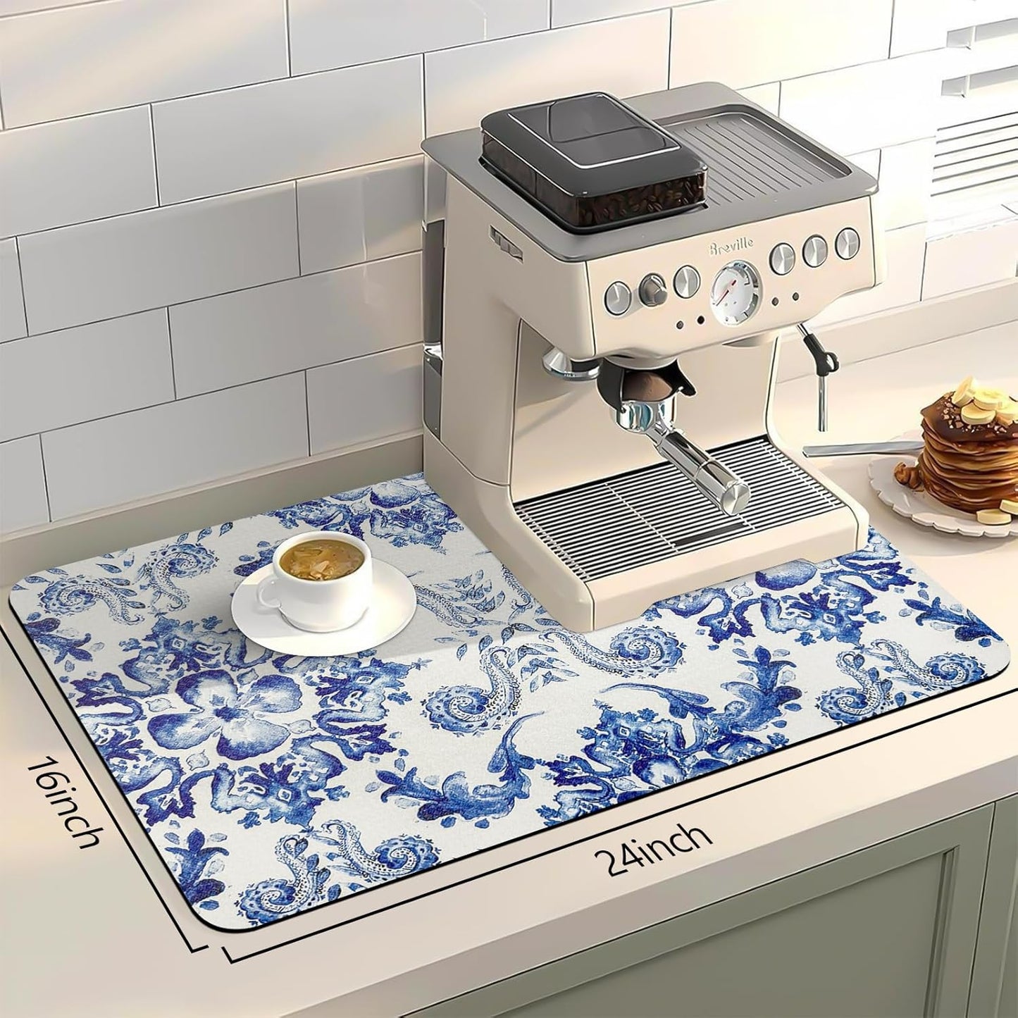 Bloss Dish Drying Mat, Multiple Usage Coffee Bar Mat, Kitchen Counter Mats, Absorbent Hide Stain Rubber Backed Dish Drying Pad(16.1"x24.1", Ink Cyan Flower)