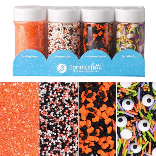 Sweets Indeed Halloween Sprinkles 4-Pack – 10.90 oz Jar Set | Candy Eyeball Mix, Bat & Pumpkin Quin Mix, Orange Sanding Sugar & Black/White/Orange Nonpareils | Cupcake & Cookie Decorations