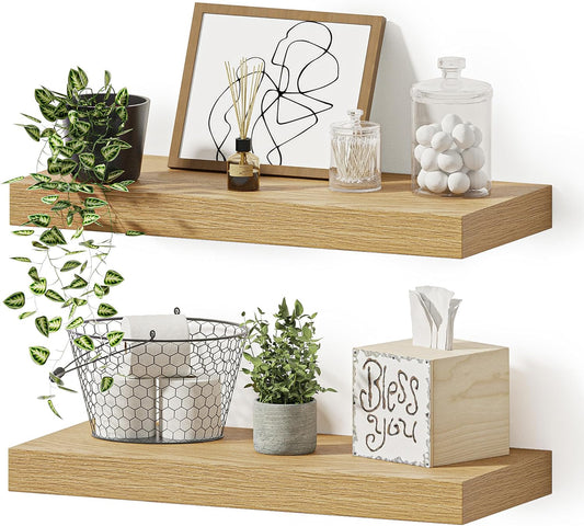 Vivelove Floating Shelves for Wall Mounted, 16 inchs Shelf for Small Bathroom, Bedroom, Living Room, Kitchen, Modern Home Decor, Rustic Farmhouse Wall Shelves with Invisible Brackets - Set of 2, Oak