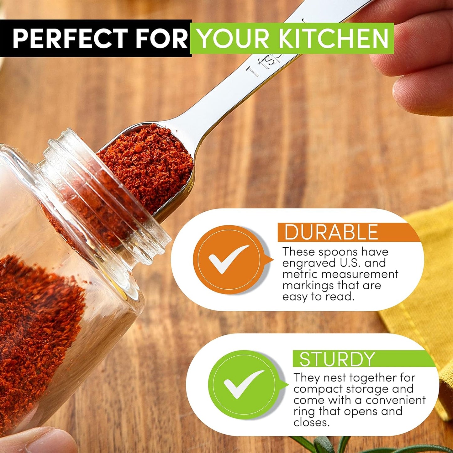 Spring Chef Stainless Steel Measuring Spoons Set of 8 with Leveler, Metal Teaspoon & Tablespoon Measuring Spoons for Dry & Liquid Ingredients, Fits in Spice Jars - Kitchen Gadgets For Baking & Cooking