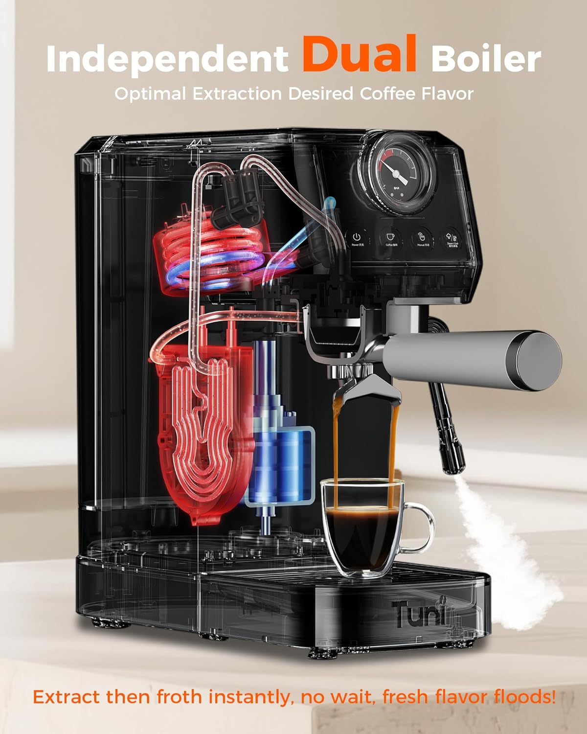 Tuni E2 58𝒎𝒎 𝑫𝒖𝒂𝒍 𝑩𝒐𝒊𝒍𝒆𝒓 𝑬𝒔𝒑𝒓𝒆𝒔𝒔𝒐 𝑴𝒂𝒄𝒉𝒊𝒏𝒆 with 𝑩𝒐𝒕𝒕𝒐𝒎𝒍𝒆𝒔𝒔 𝑷𝒐𝒓𝒕𝒂𝒇𝒊𝒍𝒕𝒆𝒓 Combo, 20 Bar Pump Semi-automatic Espresso Maker