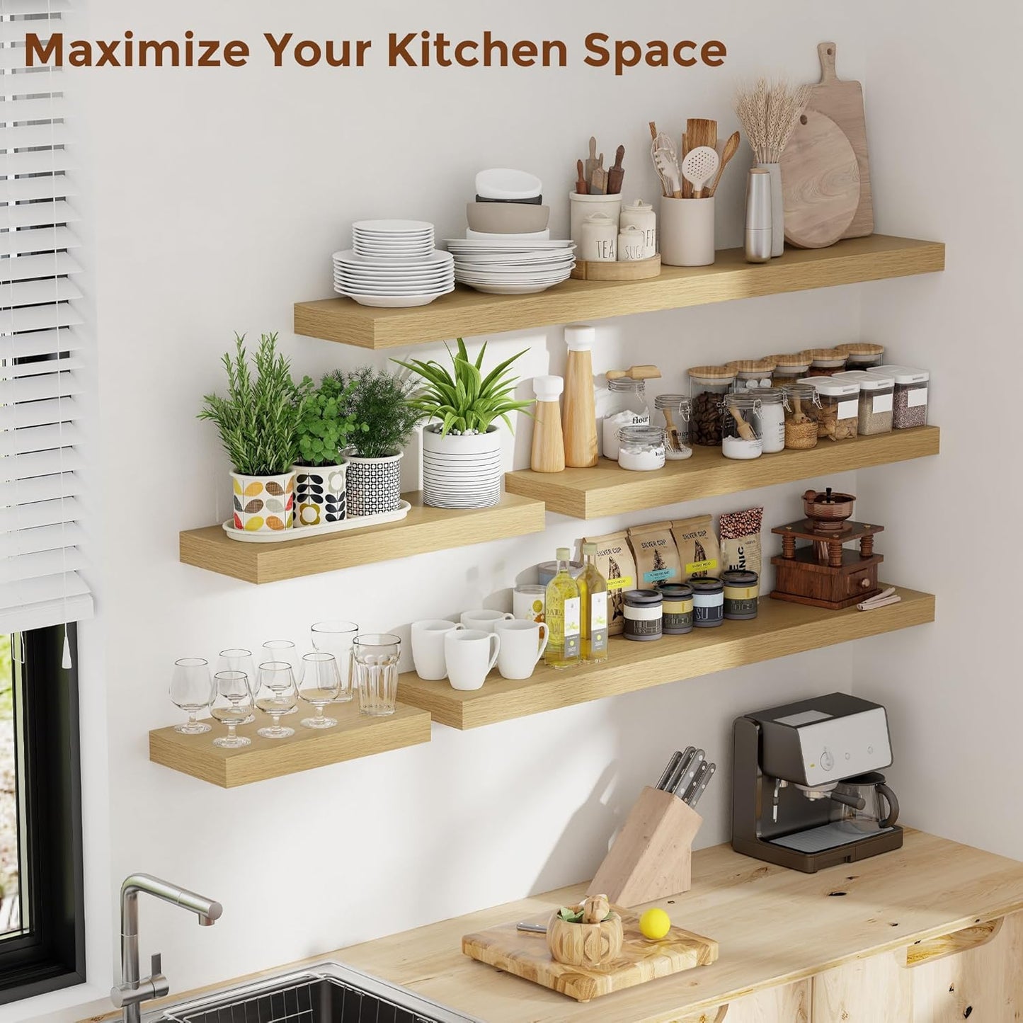 Heimlove 55 Inch Floating Shelves for Wall 8 Inch Deep Oak Shelves Set of 2,Wall Mounted Rustic Wood Long Floating Shelf，Large Extra Display & Storage Shelf with Invisible Brackets