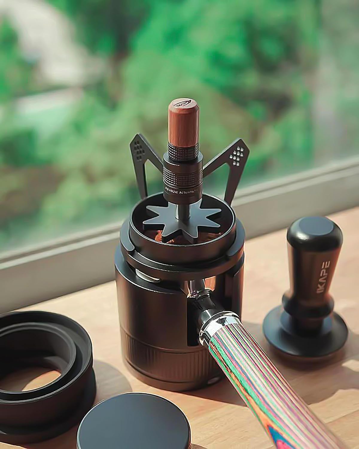 IKAPE Mantis WDT Distribution Tool, V3-54mm Espresso Stirrer Distribution Tool for Barista - 8 Needle Espresso Stirrer with Dosing Funnel & Stand, Adjustable Needle Height, Walnut Handle