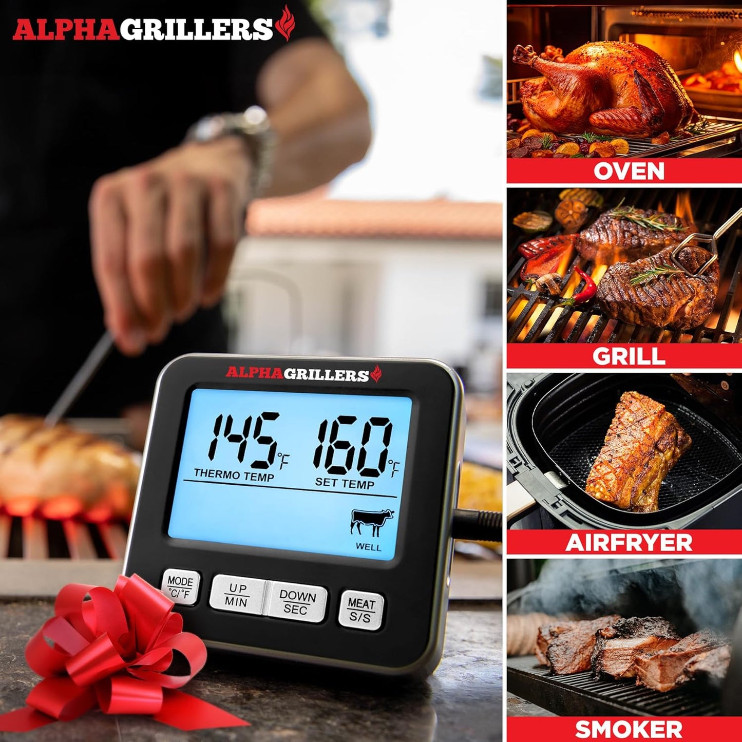 Alpha Grillers Meat Thermometer Digital for Oven - Large Display Oven Thermometer for Cooking - Leave-in BBQ Grilling Probe with 7 Presets, Timer, Alarm - Gifts for Men Him Boyfriend Husband