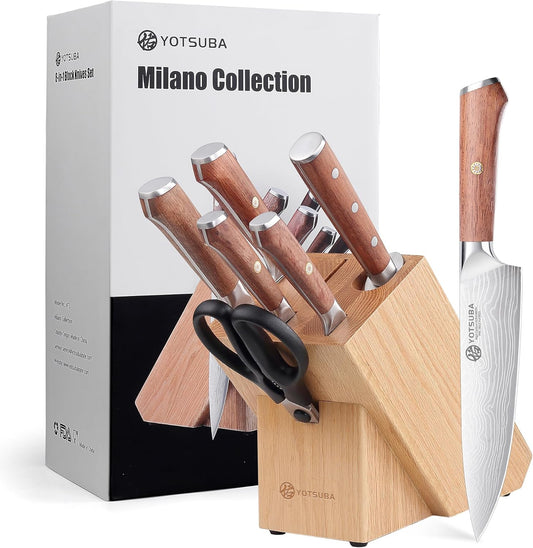 YOTSUBA 8PCS Kitchen Knife Set with Scissors & Sharpener, Ultra Sharp High Carbon Stainless Steel Kitchen Utensils Set with Elegant Rosewood Handle Ergonomic Design, Natural Acacia Block with Gift Box