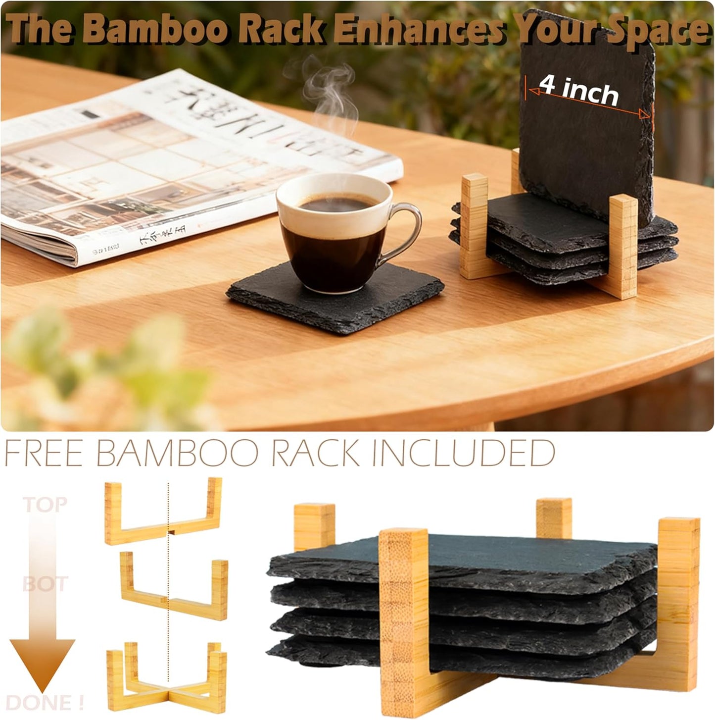 Black Natural Stone Coasters Set of 4, Sleek Minimalist Square Drink Coasters with Natural Edge, Durable Anti-Scratch Table Décor for Home, Kitchen, Bar & Office, Protects Wood & Glass Surfaces