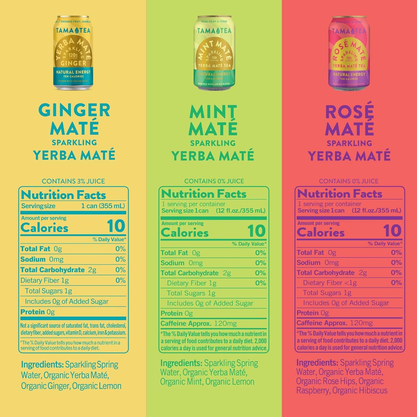 Sparkling Yerba Mate Variety Pack by Tama Tea - Unsweetened Natural Energy Drink with Real Fruit & Herbs - Healthy Caffeine Drink Alternative - 120mg of Caffeine, 10 Calories - 12oz Pack of 12