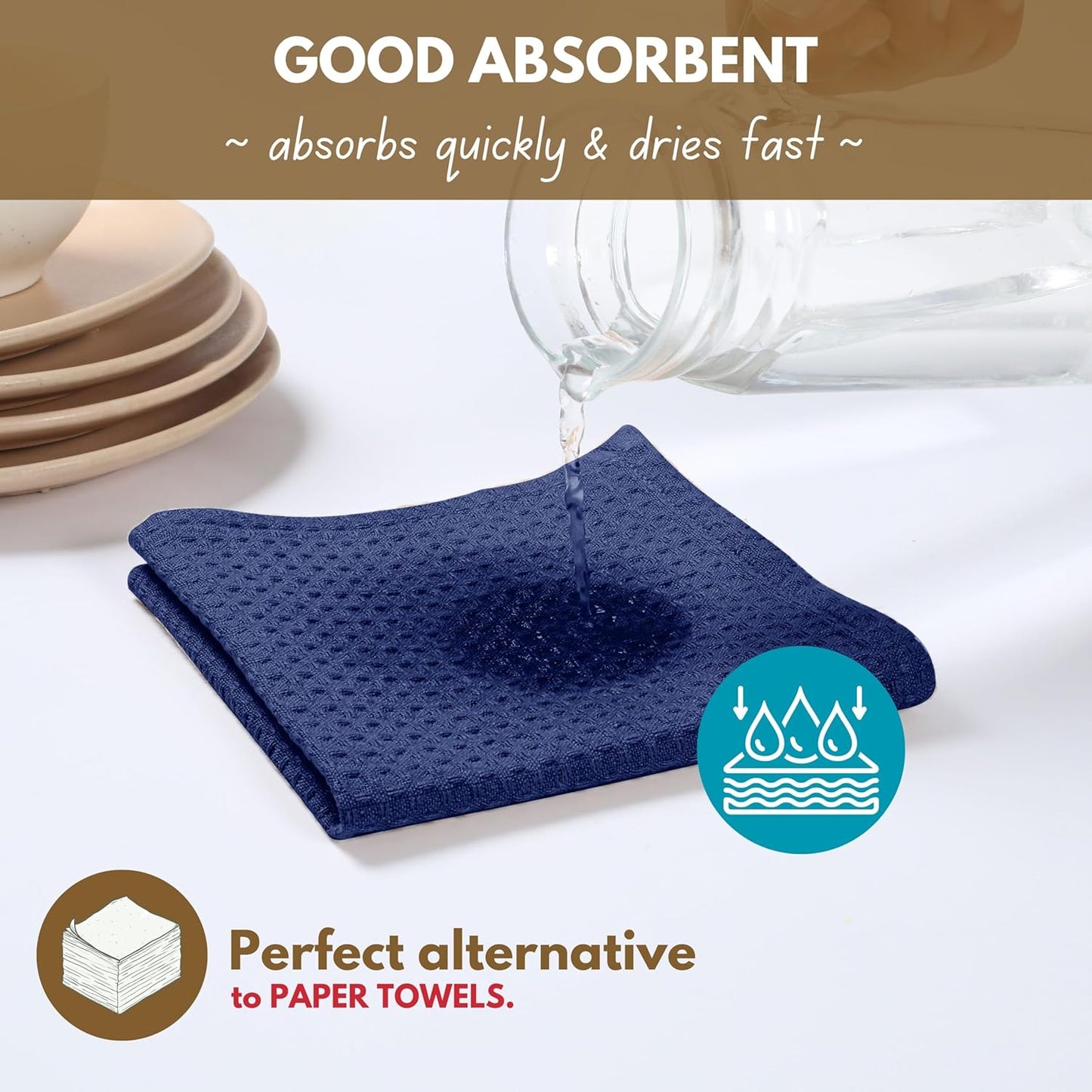 Native Fab Waffle Dishcloths 12 Pack - 100% Cotton, Ultra Absorbent Dish Cloths for Kitchen Cleaning, Drying, and Cooking - Soft and Durable Towels for Everyday Use, 12x12 inch - Ink Blue