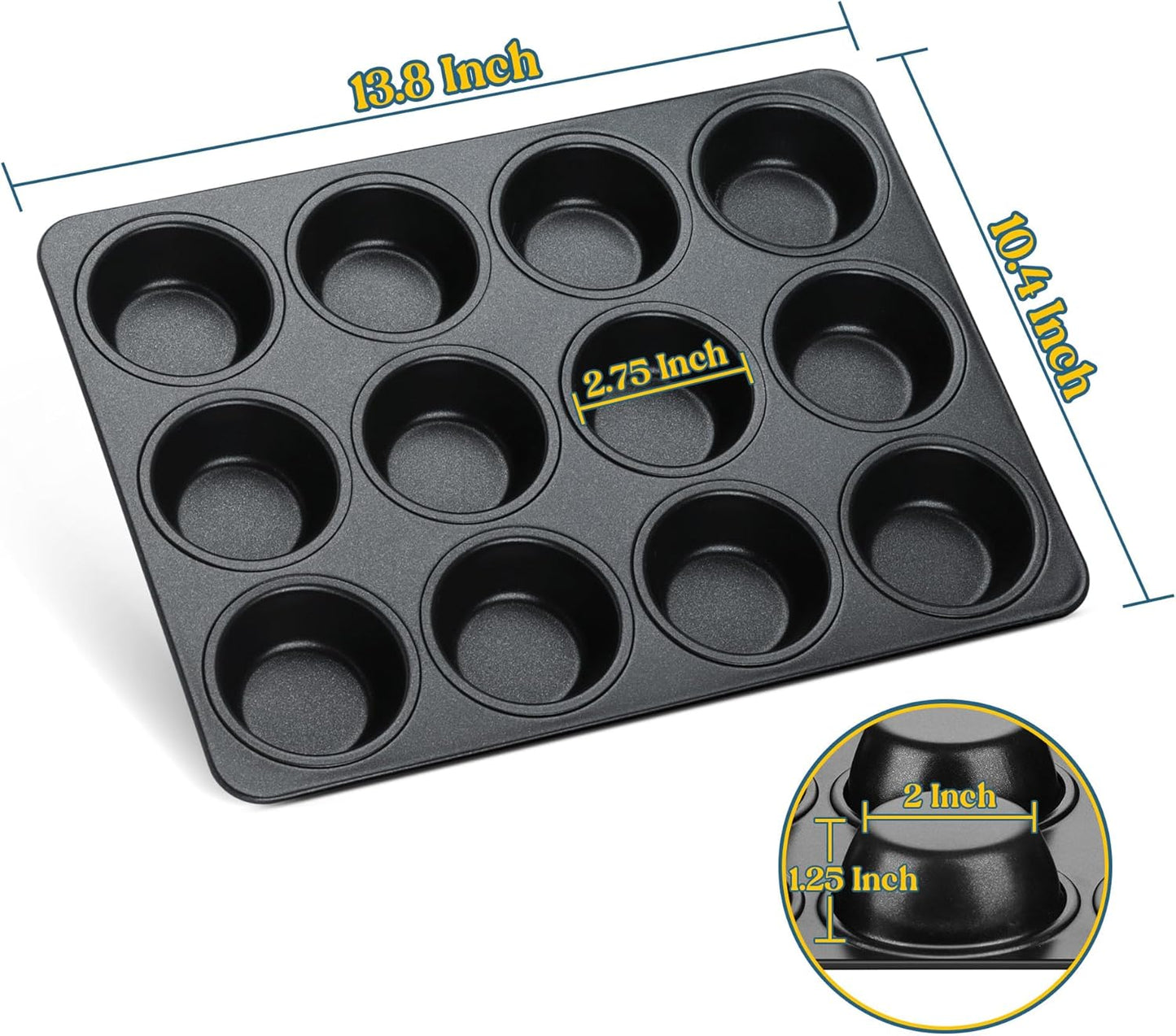 E-far Nonstick Muffin Pans 12 Cups, Stainless Steel Muffin Tin Cupcake Pan Tray for Baking, Stainless Steel Core & Non Toxic, Easy Release & Easy Clean, Black