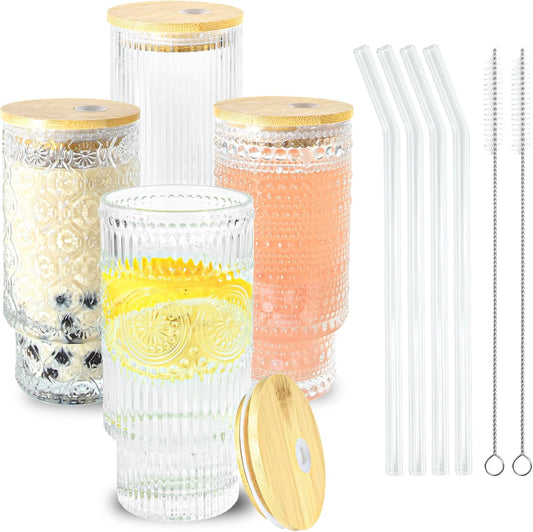16oz Drinking Glasses Cups Set of 4 with Bamboo Lids Straws Brush Vintage Glassware Set for Mojito Iced Coffee Beer Cocktail Whiskey(Mixed)