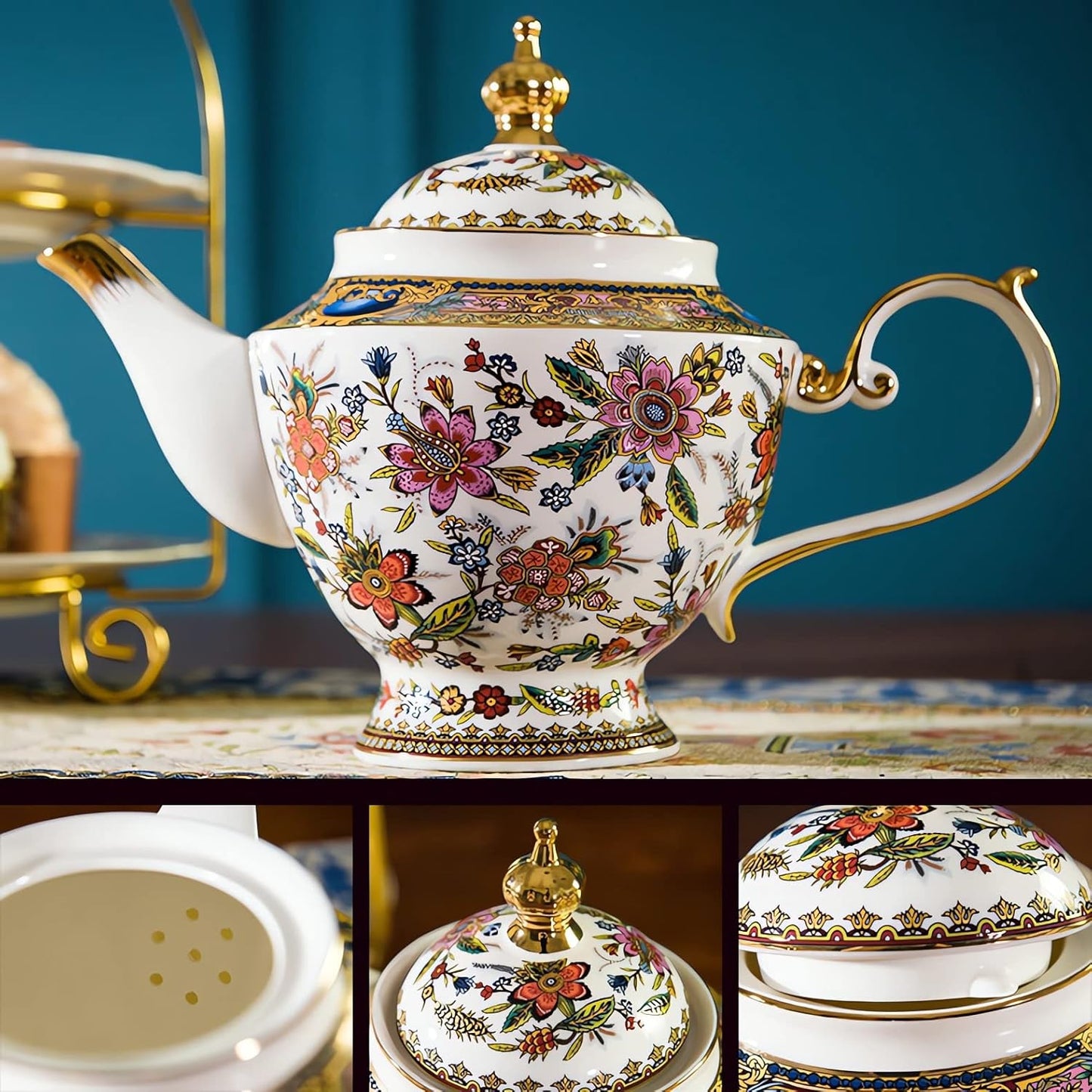 ACMLIFE Tea Set for Adults for 6, Blue and White Tea Set with Cups, Bone China Vintage Floral British English Tea Pot with Cups and Saucers for Women Party, Afternoon Service or Gift Giving (Pink)