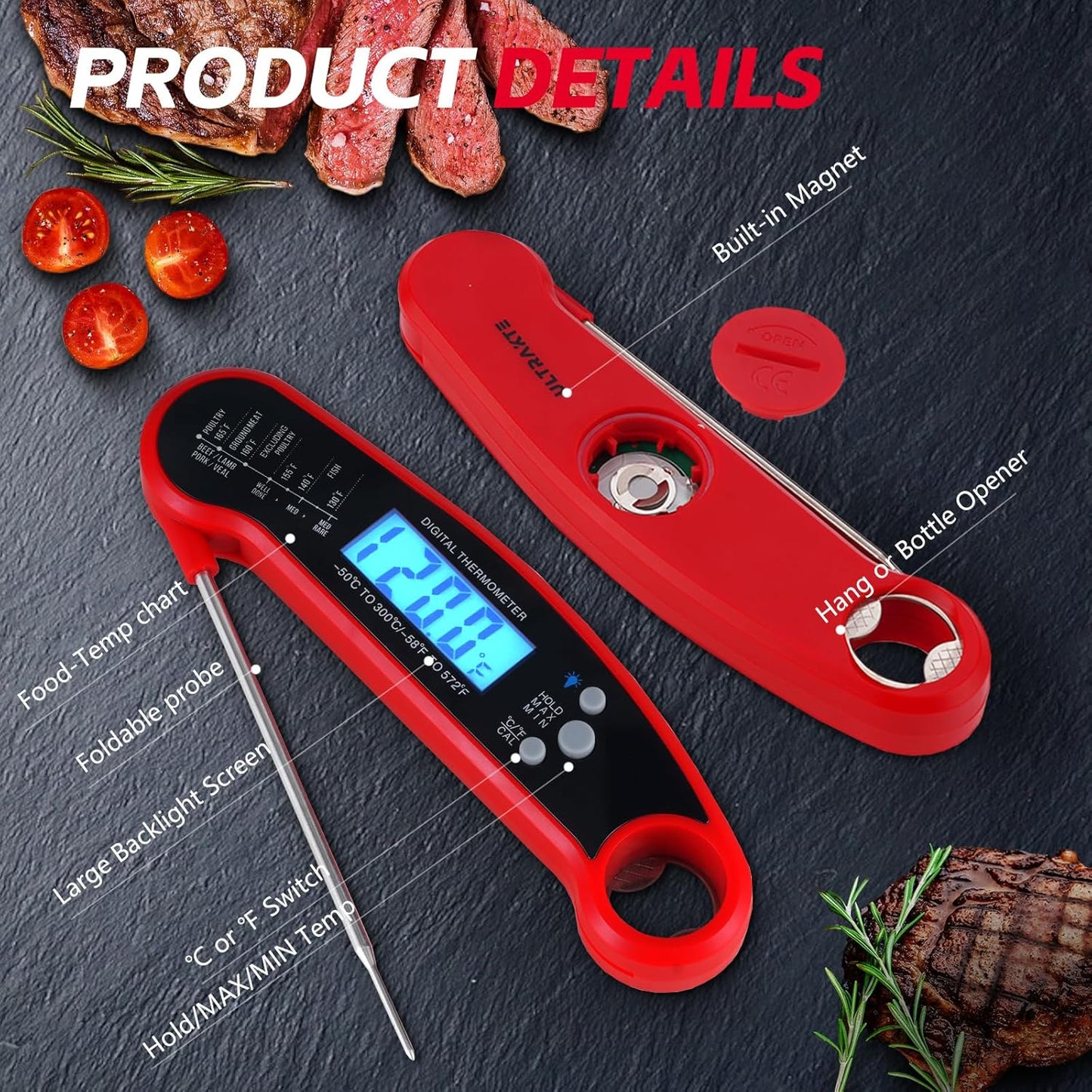 Meat Thermometer Digital, ULTRAKTE Instant Read Food Thermometer with Backlight & Calibration, Waterproof Ultra-Fast Cooking Thermometer with Foldable Probe for Kitchen, Grill, Deep Fry, BBQ, Candy